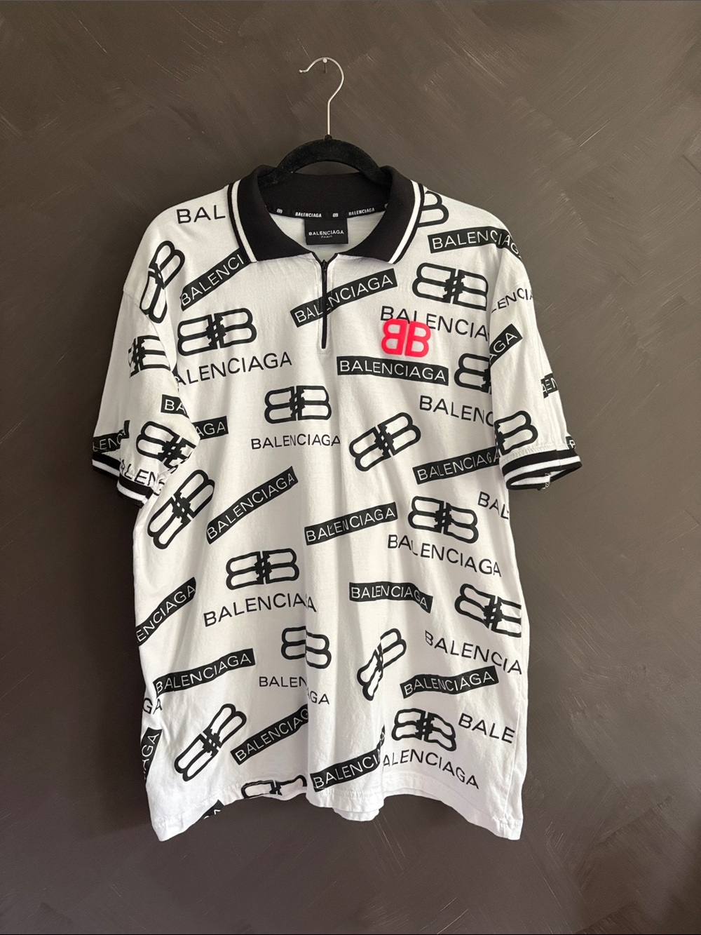 Balenciaga White Polo with Black Logo Print and Red BB Detail